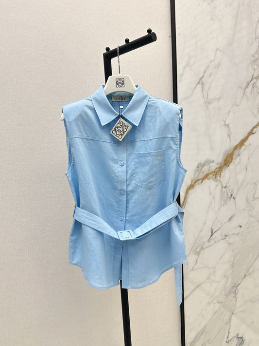 Dopamine color cotton and linen tie waist sleeveless shirt