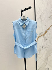 Dopamine color cotton and linen tie waist sleeveless shirt