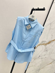 Dopamine color cotton and linen tie waist sleeveless shirt