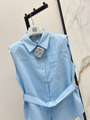 Dopamine color cotton and linen tie waist sleeveless shirt