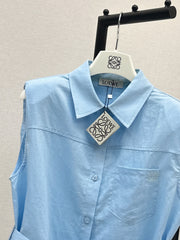 Dopamine color cotton and linen tie waist sleeveless shirt