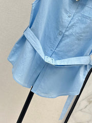 Dopamine color cotton and linen tie waist sleeveless shirt