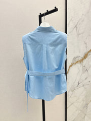 Dopamine color cotton and linen tie waist sleeveless shirt