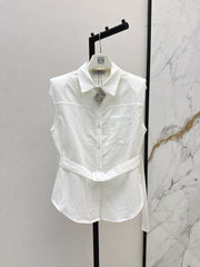 Dopamine color cotton and linen tie waist sleeveless shirt