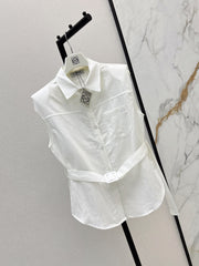 Dopamine color cotton and linen tie waist sleeveless shirt