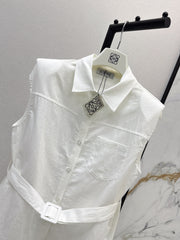 Dopamine color cotton and linen tie waist sleeveless shirt