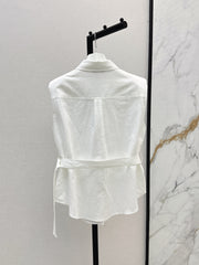 Dopamine color cotton and linen tie waist sleeveless shirt