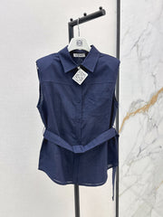 Dopamine color cotton and linen tie waist sleeveless shirt
