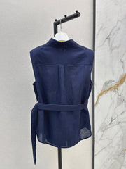 Dopamine color cotton and linen tie waist sleeveless shirt