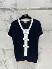 Bow Colorblock V-Neck Knit Cardigan