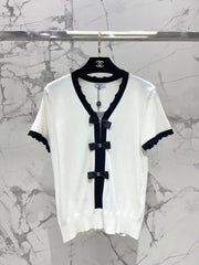 Bow Colorblock V-Neck Knit Cardigan
