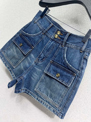 High waist belt loop pocket decorated denim shorts