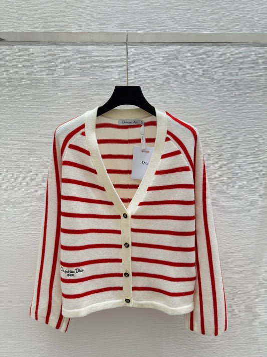 Striped V-neck knitted cardigan