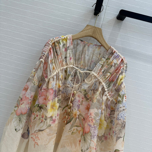 French shirt with flower and bird prints