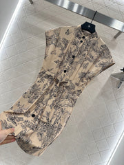 Lapel wide sleeve printed dress