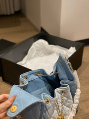 Drawstring denim bucket bag