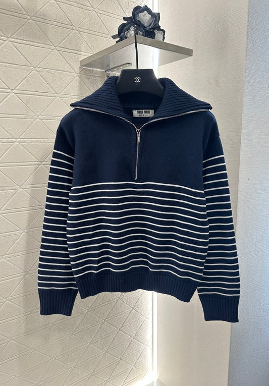Half-open lapel striped knitted sweater