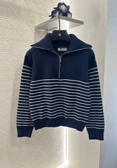 Half-open lapel striped knitted sweater