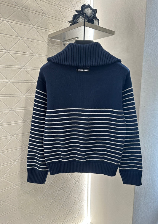 Half-open lapel striped knitted sweater