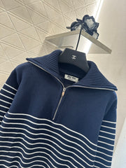 Half-open lapel striped knitted sweater
