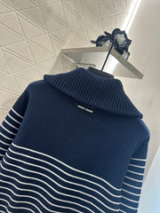 Half-open lapel striped knitted sweater