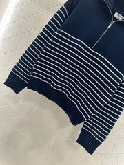 Half-open lapel striped knitted sweater