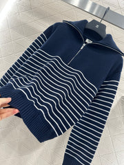 Half-open lapel striped knitted sweater