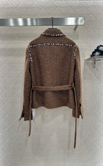 Lapel and belted dress jacket with beaded hem
