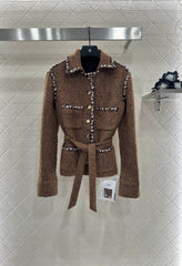 Lapel and belted dress jacket with beaded hem