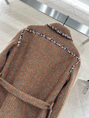 Lapel and belted dress jacket with beaded hem