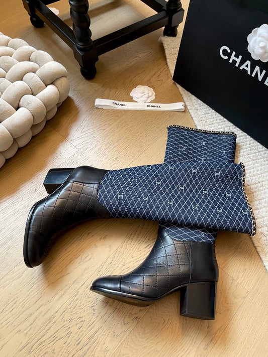 Chain block heel boots