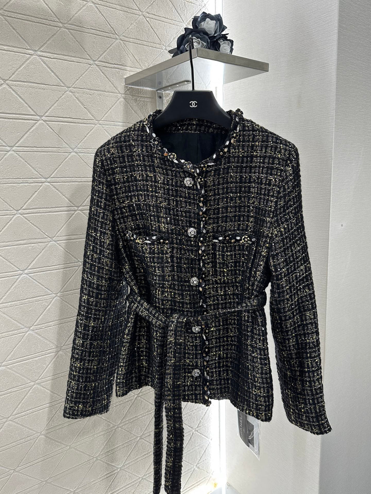 Round-neck dress jacket with beaded hem