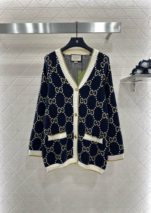 V-Neck Diamond Jacquard Knit Cardigan