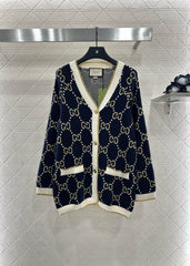V-Neck Diamond Jacquard Knit Cardigan