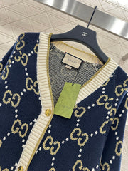 V-Neck Diamond Jacquard Knit Cardigan