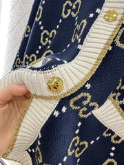 V-Neck Diamond Jacquard Knit Cardigan