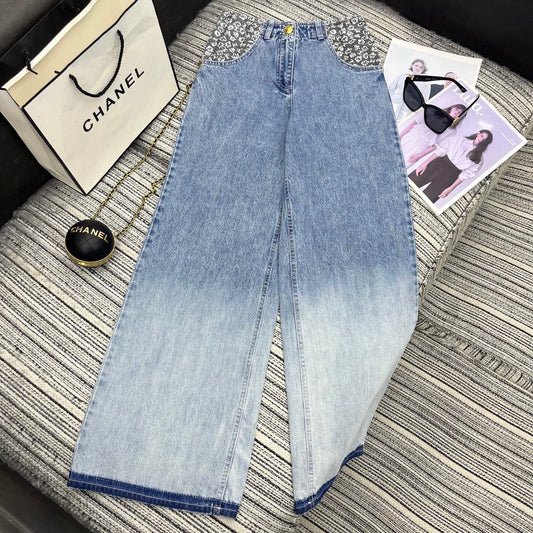 Pocket Floral Paneled Gradient Denim Pants