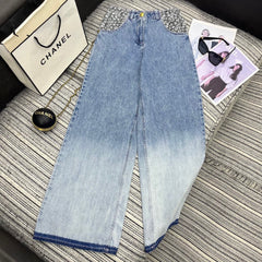Pocket Floral Paneled Gradient Denim Pants