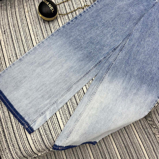 Pocket Floral Paneled Gradient Denim Pants