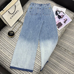 Pocket Floral Paneled Gradient Denim Pants