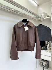 Braided leather jacket with small lapels