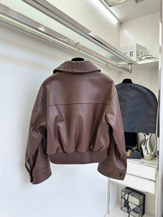 Braided leather jacket with small lapels