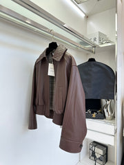 Braided leather jacket with small lapels