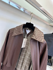 Braided leather jacket with small lapels