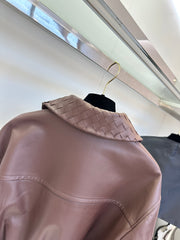 Braided leather jacket with small lapels