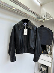 Braided leather jacket with small lapels