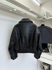Braided leather jacket with small lapels