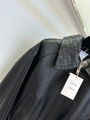 Braided leather jacket with small lapels