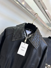 Braided leather jacket with small lapels