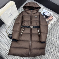 Hooded mid-length down jacket